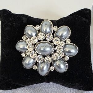 Silver Brooch Pin Silver Grey Faux Pearls And Clear Rhinestones
